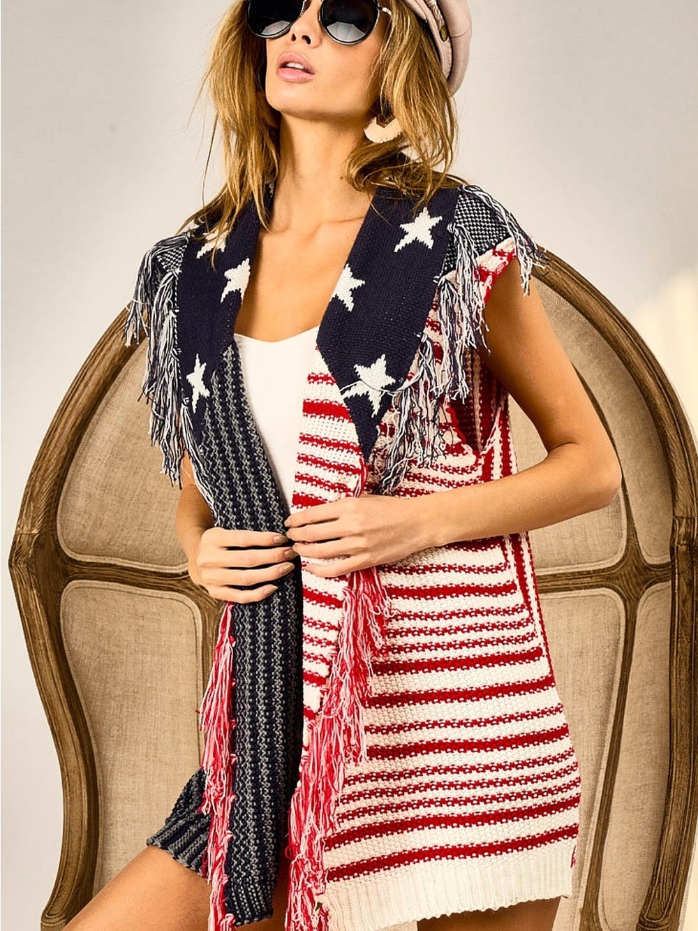 BiBi Americana Star & Stripe Fringe Knit Vest in Red, White and Blue